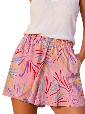 Vintage 80s Abstract Print Shorts | Colorful Elastic Waist Retro Summer